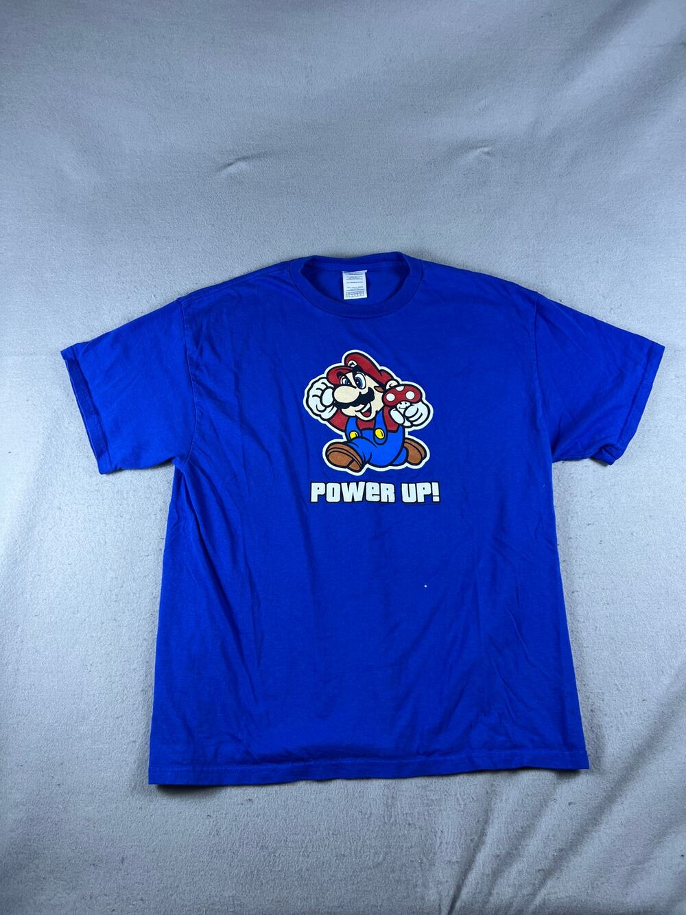 Super Mario Power Up T-Shirt Men L Royal Blue Crew Neck Nintendo Gaming Graphics